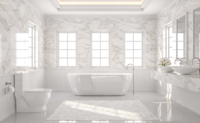 Luxury white bathroom 3d render. There are white tile floor and marble wall.The room has more windows. Sunlight shining into the room