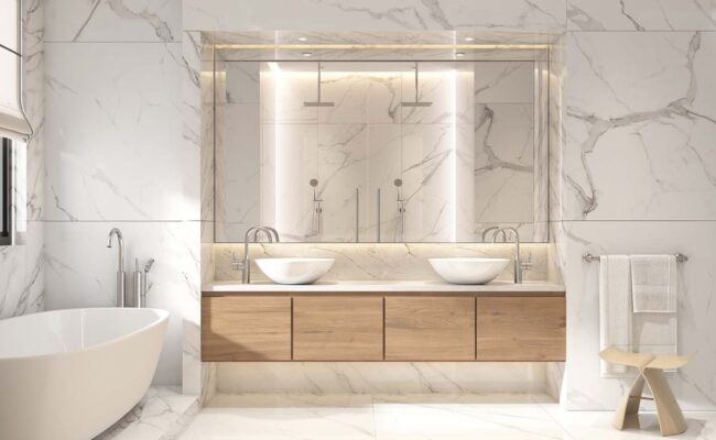 3d rendering of a modern white marble bathroom